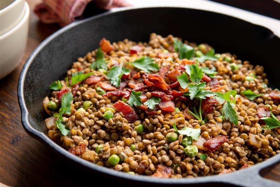 Warm Lentil Salad with Bacon & English Peas