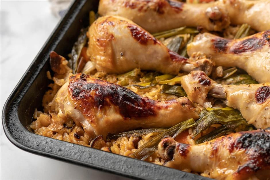One Pan Baked Chicken and Rice With Soy and Scallions