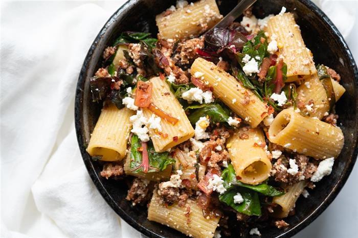 Turkey Chorizo, Chard, and Ricotta Pasta