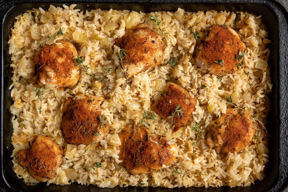 One Pan Baked Garlic Chicken & Rice