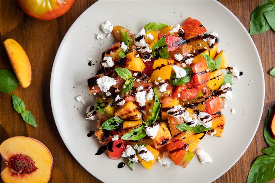 Tomato Peach Salad with Basil & Goat Cheese