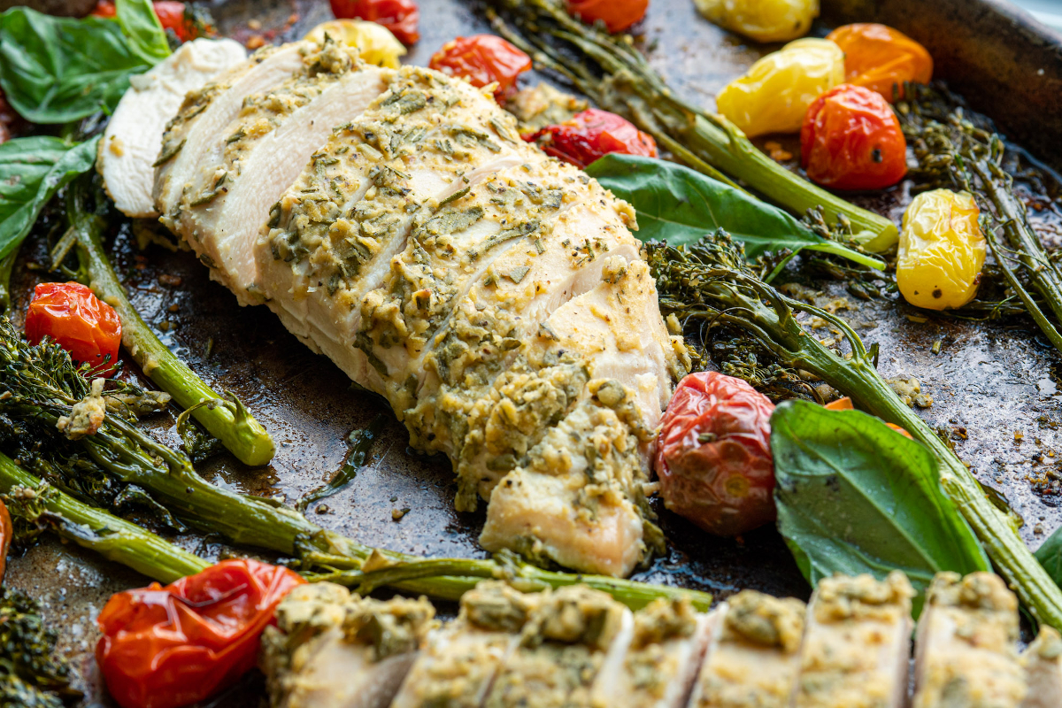 One Pan Hummus Crusted Chicken & Veggies